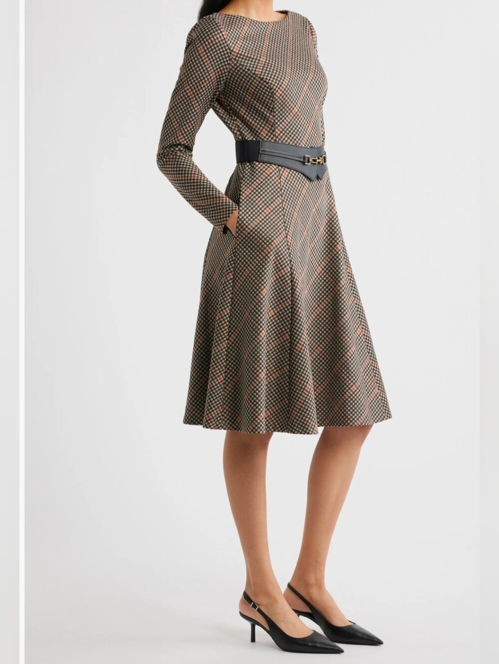 Eliza J Check Long Sleeve Fit & Flare Dress Size 10 NWT Academia Preppy Fall